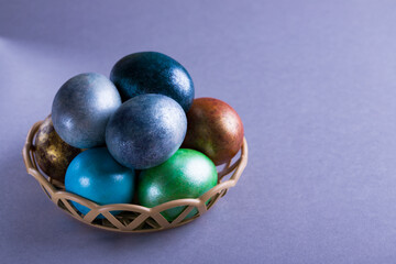 Red Easter eggs on a bright background. Easter background with eggs close up. Place for text.