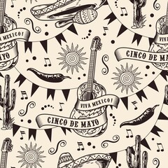 Mexican guitar vintage seamless pattern