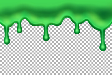 Green dripping slime. Flowing liquid with blobs. Sticky halloween decor. Radioactive mucus. Vector illustration on transparent background.