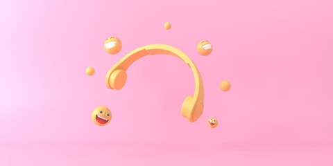 Obraz premium Emoji headphone icon listening to music enjoyment pink silhouette isolated on pink background modern 3d rendering 