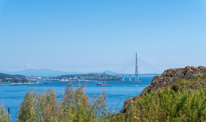 Cityscape and bridge, daylight view.