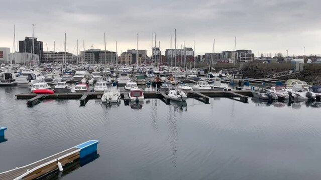 Norwegian City Bodo Aerial View, Norway. View of marina of Bodo (Bod&Atilde;&cedil;), Norway View of the marina and some boats in a row located in the port of Bodo