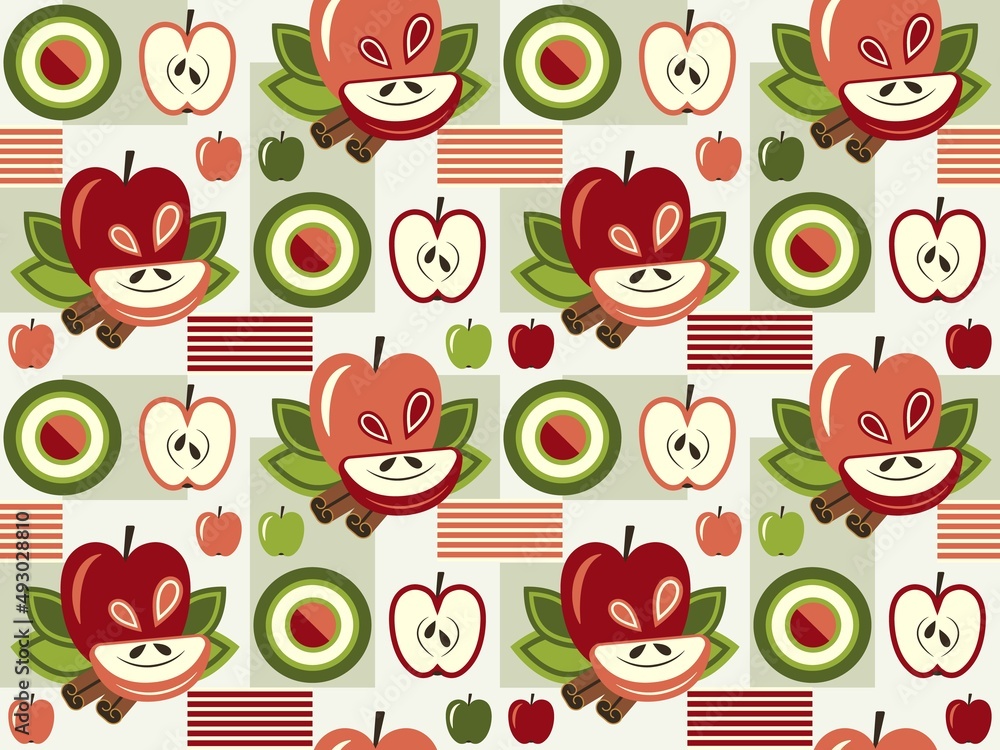 Poster seamless staggered background with apples and geometric shapes. simple minimal style. good for brand