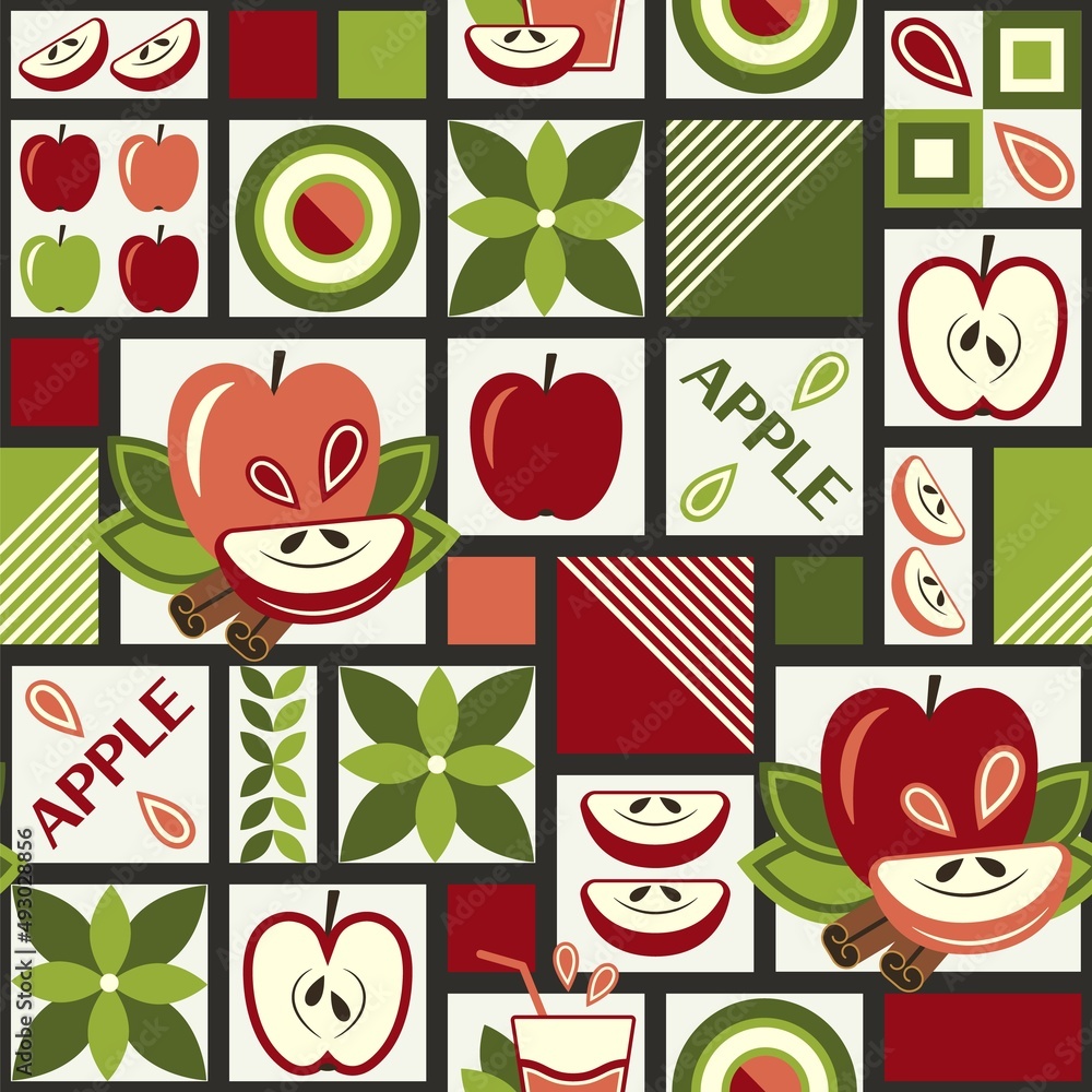 Aufkleber background with apples in square grid in simple geometric style. seamless pattern with abstract shap