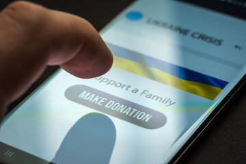 Naklejka premium Close-up finger pressing make donation button on smartphone screen. Donation money online concept