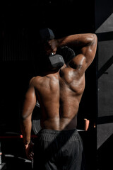 Rear View of Sportsman, Black Afro Shirtless Athlete Doing Weightlifting Workout with Dumbbell in...