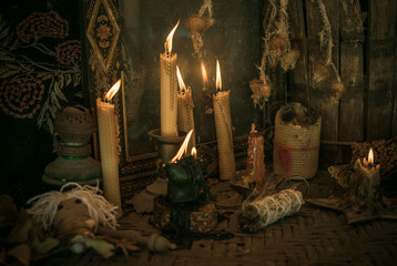 Candle burns on the altar, powerful magic among candles, pagan or wicca concept