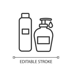 Skin care products black glyph icon. Cleansing cream. Dermatology. Face and body cosmetics. Thin line illustration. Contour symbol. Vector outline drawing. Editable stroke. Arial font used