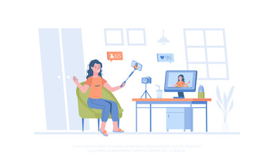 Fototapeta na wymiar Video blogging, broadcasting, live streaming. Young woman shoots video on phone using selfie stick. Cartoon modern flat vector illustration for banner, website design, landing page.