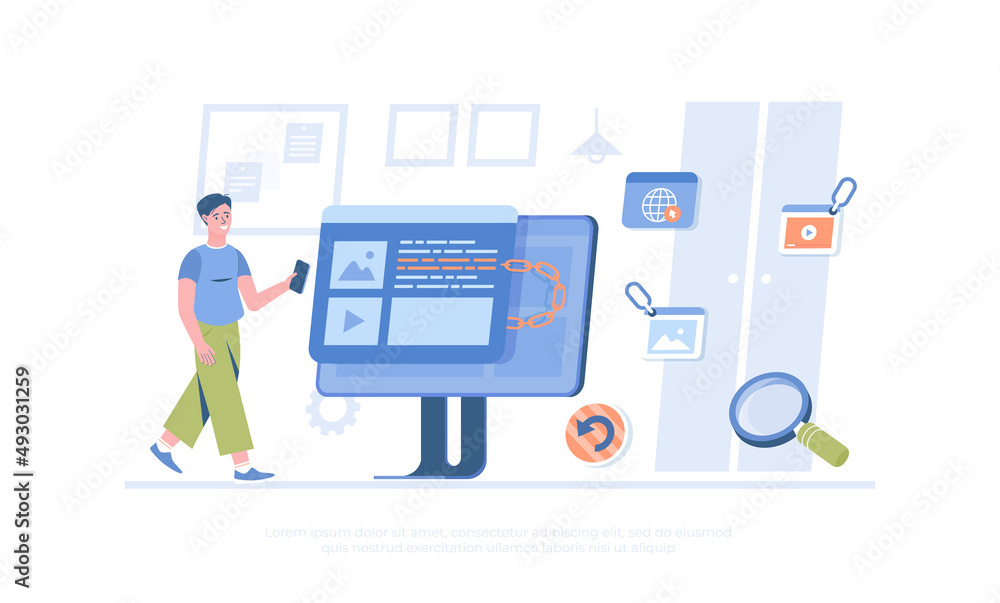 Poster backlink, link building, search engine optimization. active link to content source, hyperlink connec