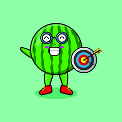 Cute cartoon watermelon businessman holding target and arrow with happy expression in 3d modern style design