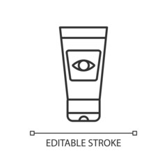Eye cream black glyph icon. Skin care and beauty product. Anti wrinkles and puffiness product. Thin line illustration. Contour symbol. Vector outline drawing. Editable stroke. Arial font used