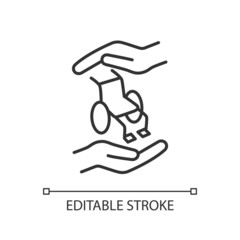 Support people with disabilities linear icon. Equal opportunities for special needs children. Thin line illustration. Contour symbol. Vector outline drawing. Editable stroke. Arial font used