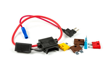 Modern automotive wiring for connecting auxiliary electronic systems of a car on a white background, electronic,