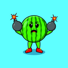Cute cartoon watermelon holding bomb with scared expression in 3d modern style design