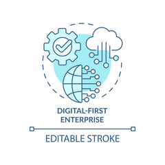Digital-first enterprise turquoise concept icon. Corporate technology and business abstract idea thin line illustration. Isolated outline drawing. Editable stroke. Arial, Myriad Pro-Bold fonts used