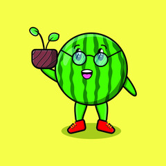 Cute cartoon watermelon holding plant in a pot 3d modern style design