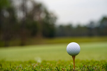 Golf ball on tee in beautiful golf course at sunset background.