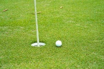 Top view of a golf ball on green course at hole. Golf ball and golf club on green in the evening golf course with sunshine.