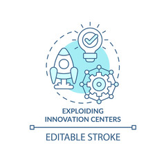 Exploding innovation centers turquoise concept icon. Trends in enterprise abstract idea thin line illustration. Isolated outline drawing. Editable stroke. Arial, Myriad Pro-Bold fonts used