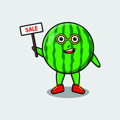 Cute cartoon watermelon character holding sale sign designs in concept 3d cartoon style