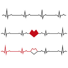 Set of black heartbeats isolated on white background. Electro-cardiogram, pulse of heart Design element for medicine, healthcare. Vector illustration. EPS10.