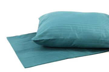 Corner of a soft pillow in a new colored cotton fiber pillowcase. Satin stripe material to protect and decorate the pillow. Bed linen for home and hotels