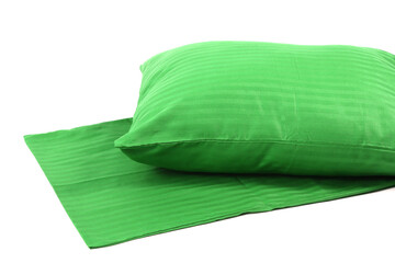 Corner of a soft pillow in a new colored cotton fiber pillowcase. Satin stripe material to protect...