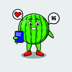 Cute cartoon watermelon character holding diary book with happy expression in concept 3d cartoon style