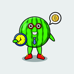 Cute cartoon watermelon character holding clock with happy expression in concept 3d cartoon style