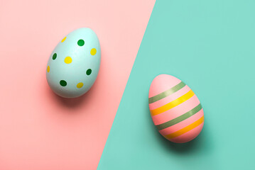 Happy Easter. Top view of colored easter painted eggs