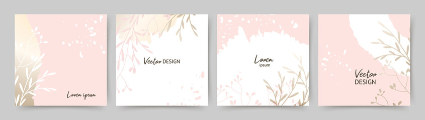 Spring gold pink square backgrounds. Minimal style with floral elements and texture. Editable vector template for card, banner,  invitation, social media post, poster, mobile apps, web ads