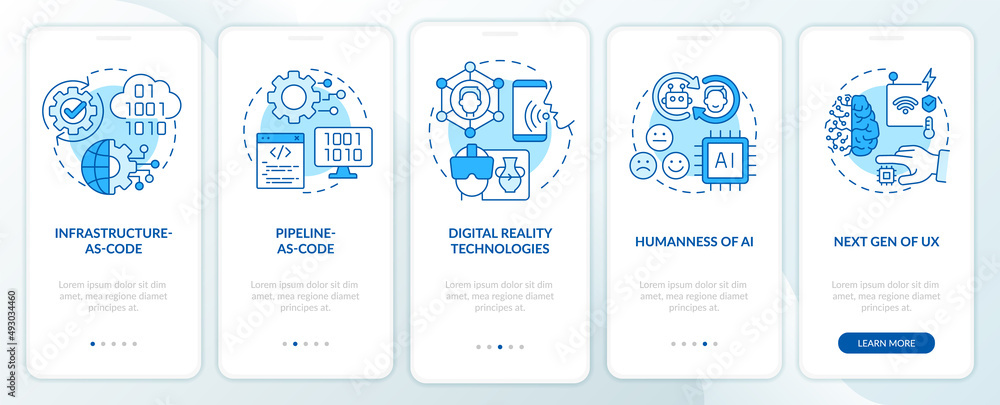 Aufkleber tech macro trends blue onboarding mobile app screen. digital systems walkthrough 5 steps graphic ins