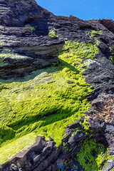 Playa de las Catedrales con formaciones rocosas en Ribadeo, Galicia