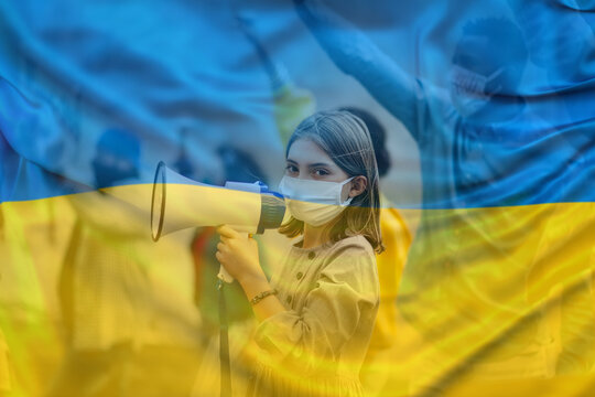 Double exposure of protestors protesting against war in Ukraine and Ukrainian flag.