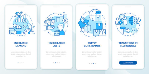 Macro trends in economy blue onboarding mobile app screen. Enterprise walkthrough 4 steps graphic instructions pages with linear concepts. UI, UX, GUI template. Myriad Pro-Bold, Regular fonts used
