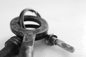 Rusty iron keys and keychain