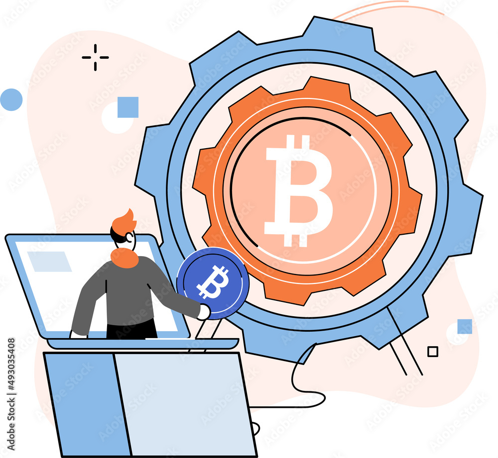 Poster cryptocurrency bitcoin mining metaphor blockchain exchange platform. cyber banking procedures, bitco