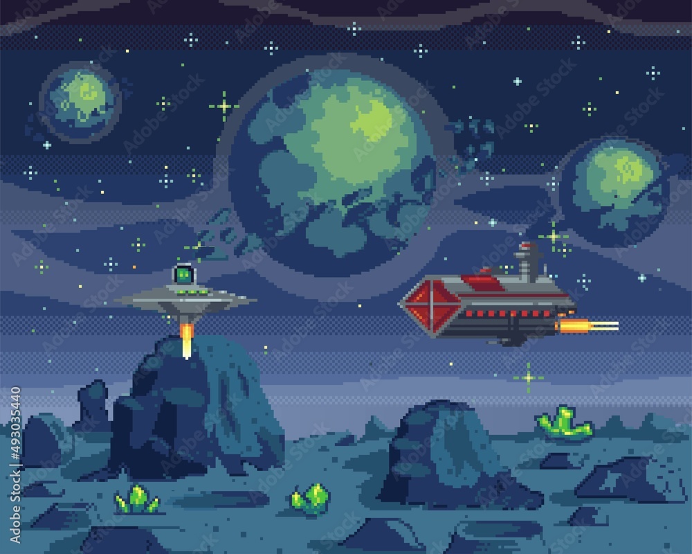 Poster pixel art cosmic area, game location. game with celestial characters on aircrafts. main heroes fly o