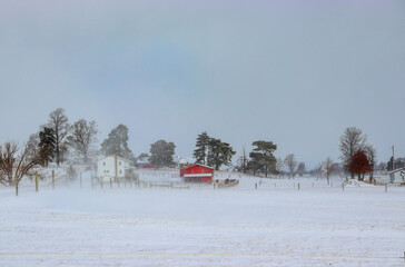 Blowing snow reduces visibility, farm country, Ohio State, USA