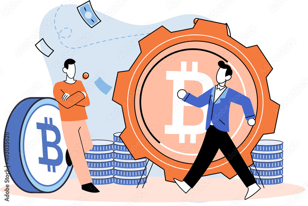 Poster cryptocurrency bitcoin mining metaphor blockchain exchange platform. cyber banking procedures, bitco