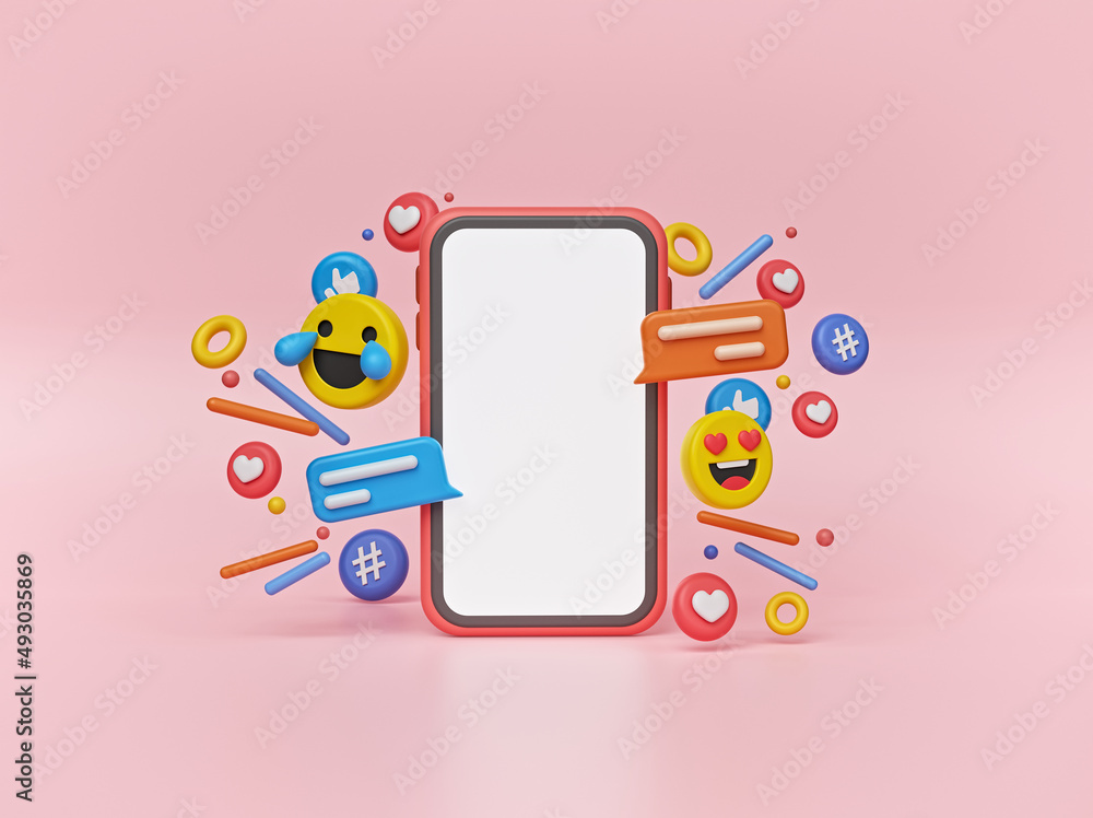 Poster minimal smartphone surrounded with social media colorful icons. 3d rendering