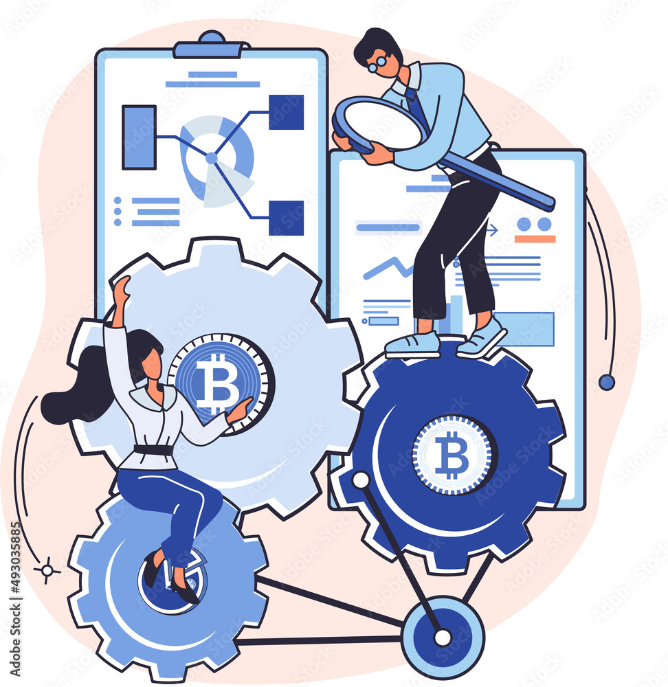 Poster cryptocurrency bitcoin mining metaphor blockchain exchange platform. cyber banking procedures, bitco