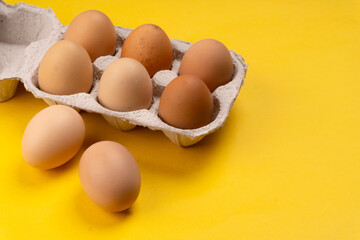 Organic chicken eggs on the table. Eggs are good for everyone and health. Farm products, natural eggs.