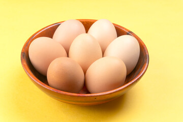 Organic chicken eggs on the table. Eggs are good for everyone and health. Farm products, natural eggs.