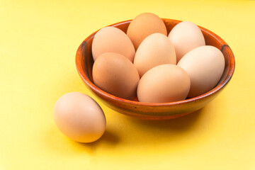 Organic chicken eggs on the table. Eggs are good for everyone and health. Farm products, natural eggs.