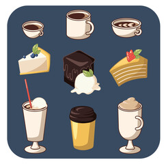 Colorful vector illustration.
Set of coffee and cakes.