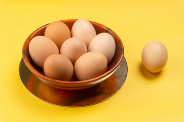 Organic chicken eggs on the table. Eggs are good for everyone and health. Farm products, natural eggs.