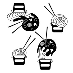 Asian fast food vector illustration. Chinese noodles in boxes.
Black and white.