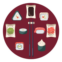 Asian fast food vector illustration. Sushi Set.